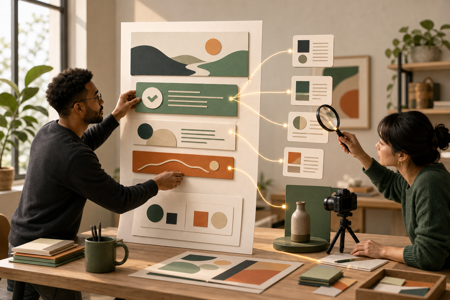 Two people assemble a page while glowing lines connect its content blocks to source cards, a camera demonstration, and comparison shapes.