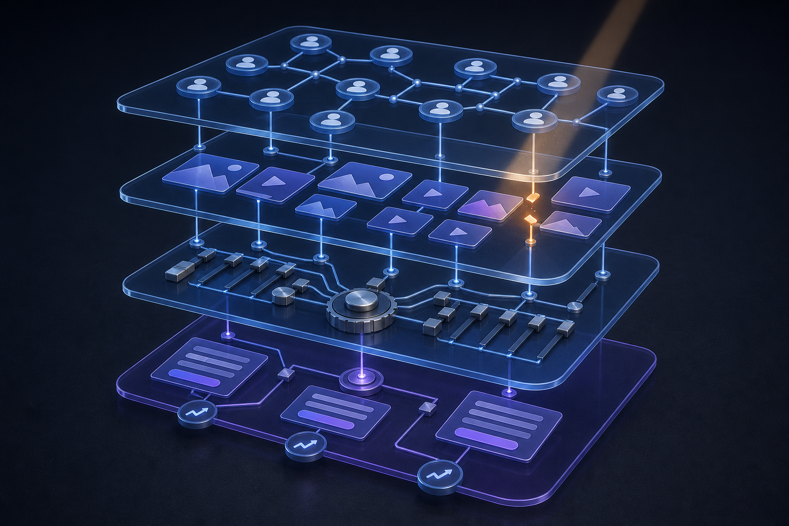 Four transparent campaign layers float above a table while a diagnostic beam highlights one broken creative connection.