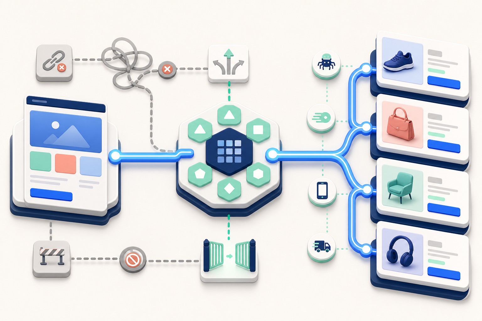 Layered illustration of a storefront page structure with home, category, and product cards connected by a clear highlighted route, while broken routes sit at the edges.