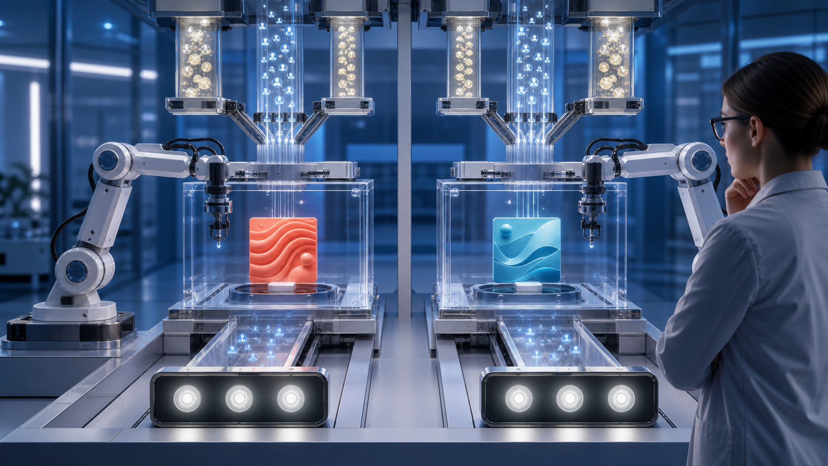 Two matching automated test chambers compare different creative tiles while an analyst observes the experiment.
