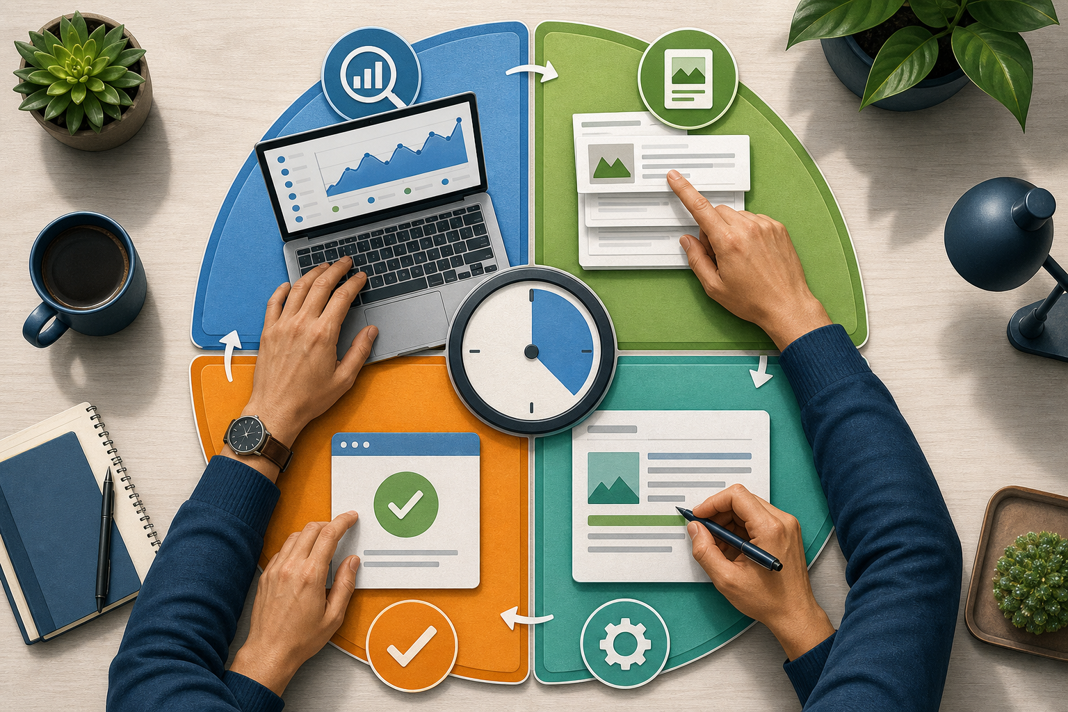 A top-down desk scene shows four connected stages of an SEO workflow arranged in a circle around a strategist's hands.