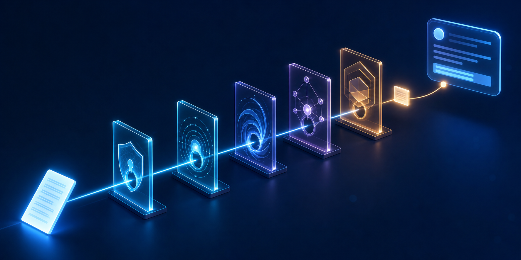 A glowing document passes through five translucent checkpoints before connecting to an abstract answer interface.