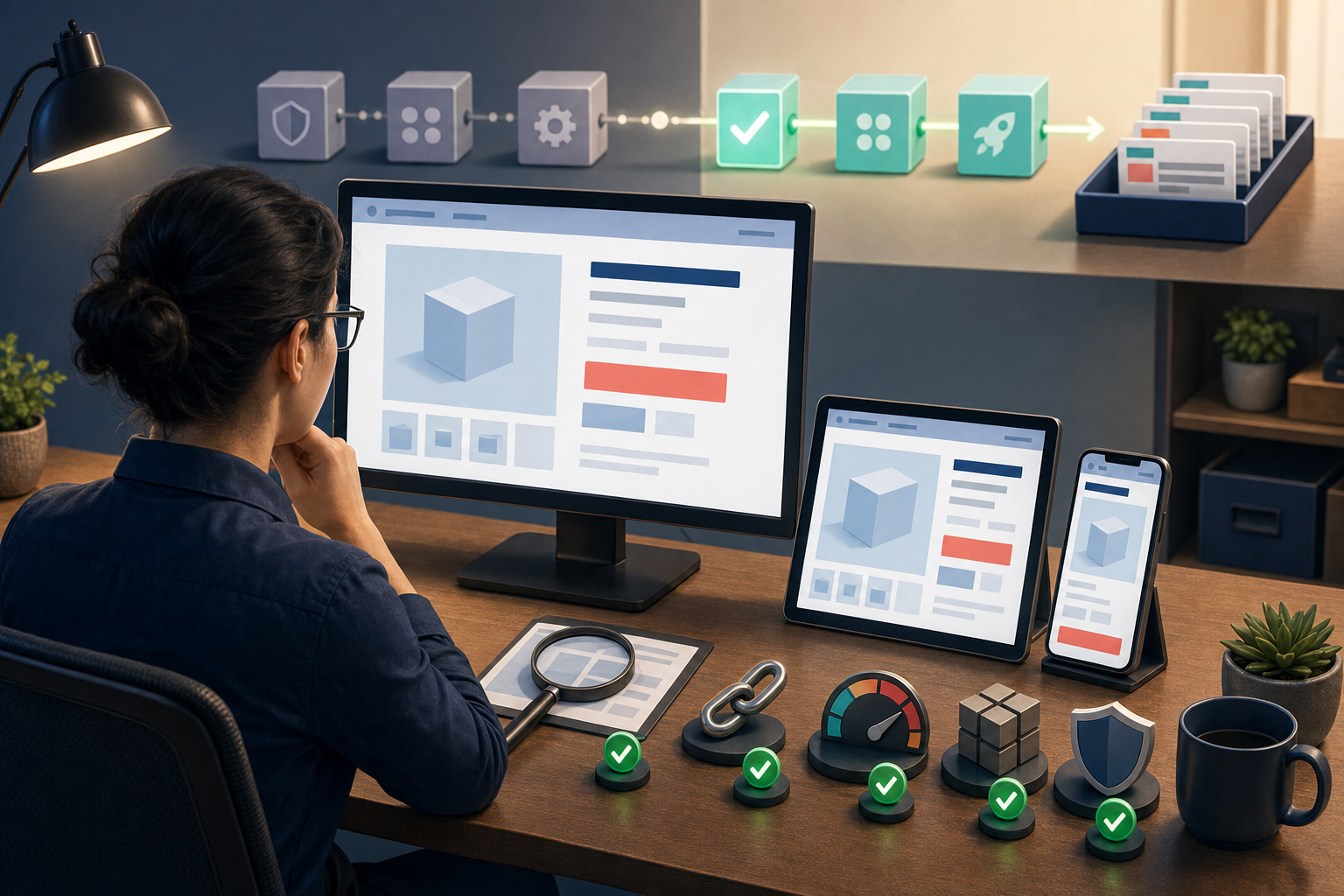Quality-assurance specialist comparing an abstract product page on desktop, tablet, and phone beside link, speed, shield, and green validation symbols.