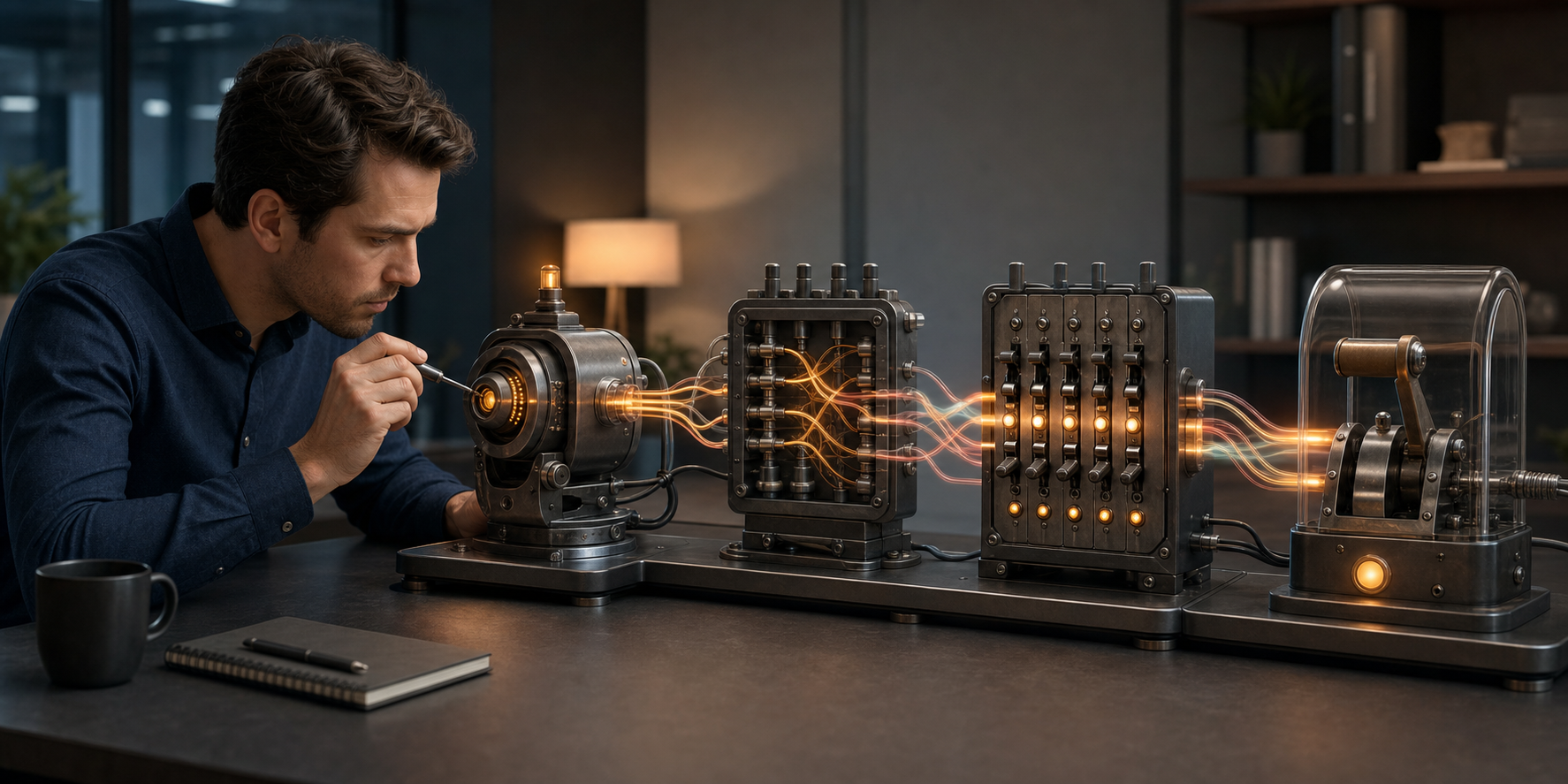 A marketing analyst calibrates the first module in a connected advertising control system while warning lights appear in later modules.