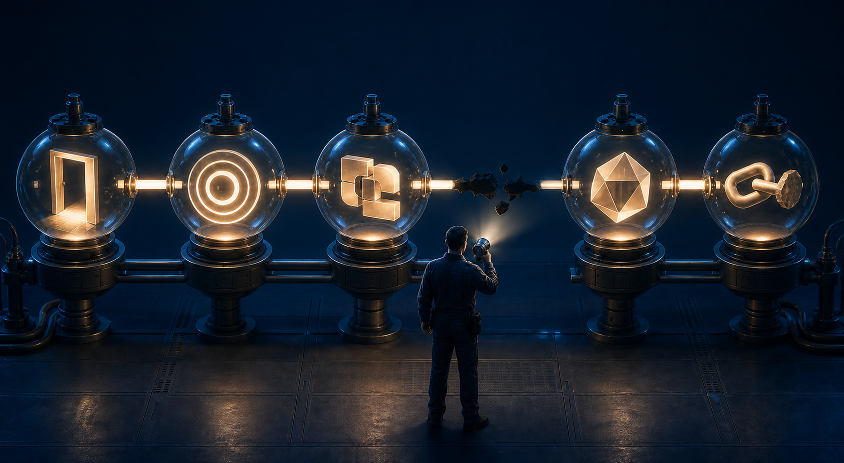 A technician inspects five connected glass chambers, with one dark chamber interrupting the illuminated pipeline.