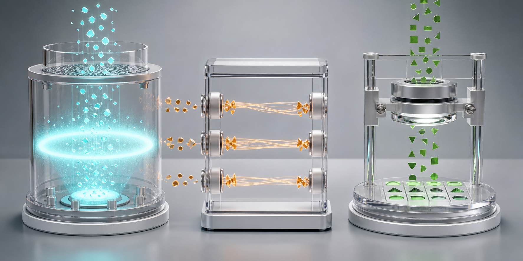 Three transparent instruments separately collect signal halos, source links, and matching geometric pieces.