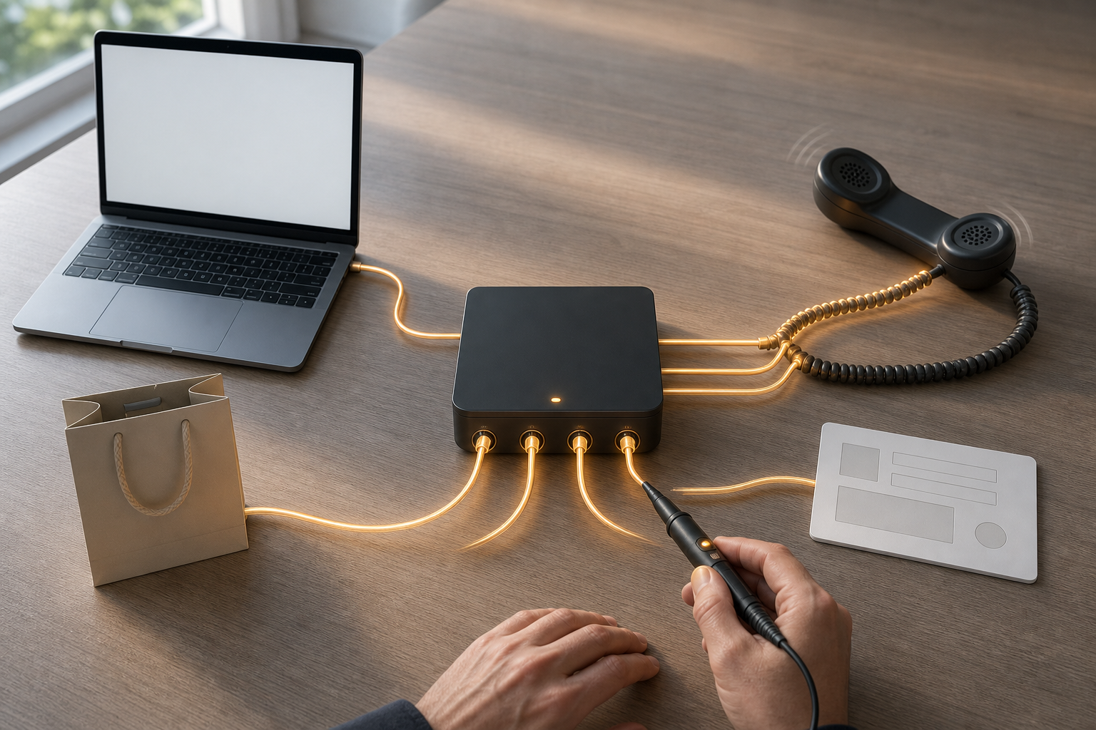 A specialist traces cables from a laptop, shopping bag, phone, and blank form to a measurement hub with one duplicate and one disconnected signal.