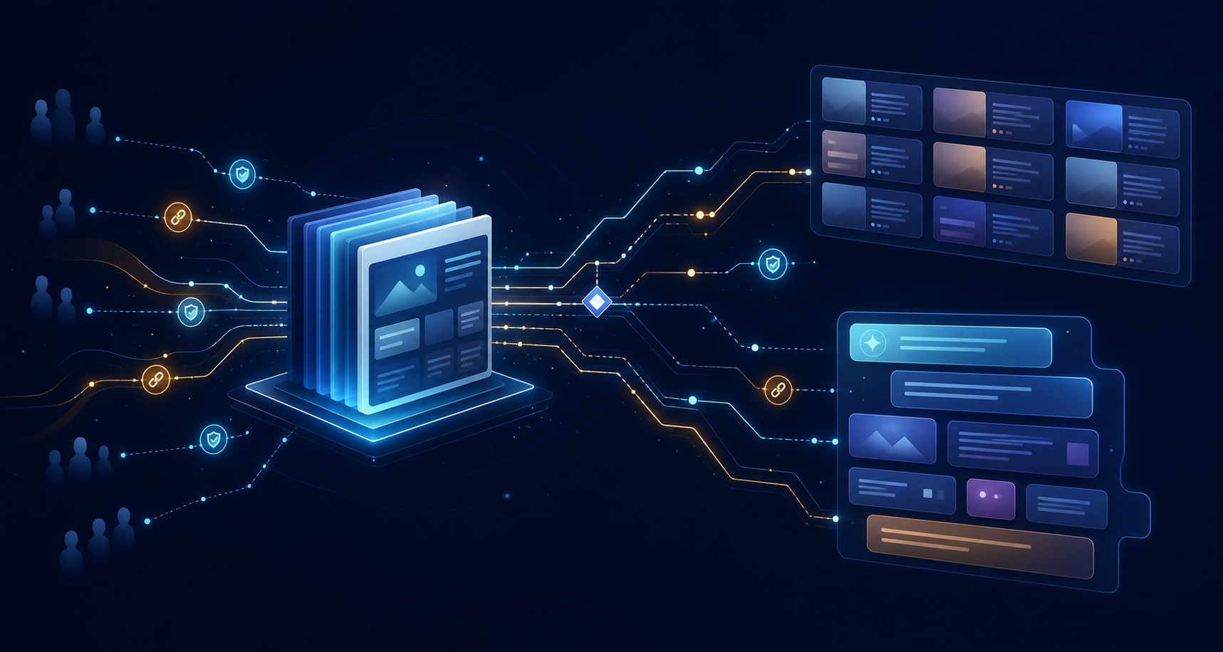 A website made of luminous page tiles connects through branching pathways to ordered result cards and a conversational answer surface.