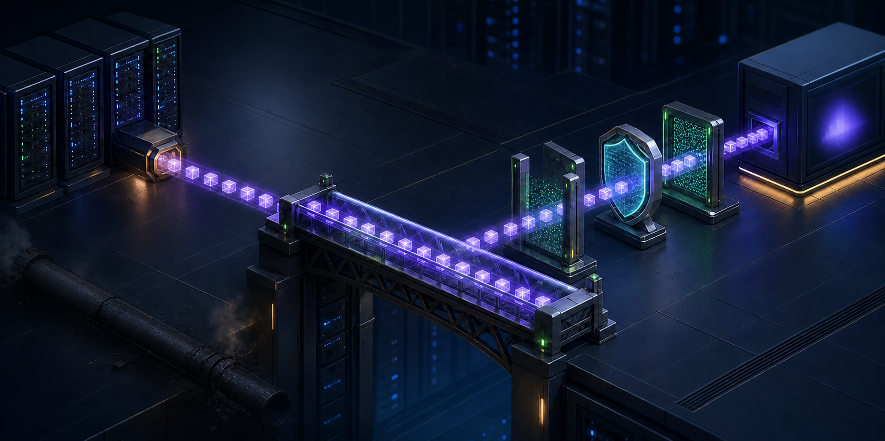 Glowing conversion event packets move from servers across a secure new data route while an older conduit is phased out.