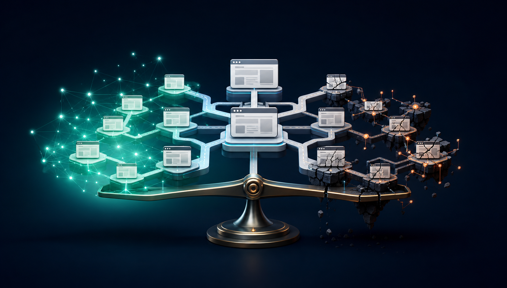 An isometric website architecture balanced between a glowing indexing network and fragile warning-colored components.