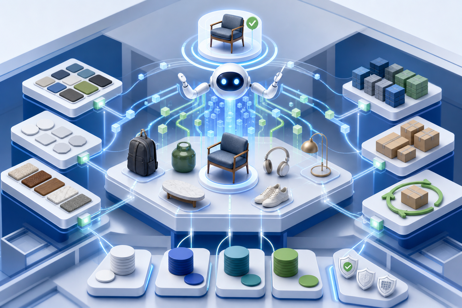 Structured product records connect colors, sizes, inventory, delivery, returns, and pricing to an AI-assisted recommendation.