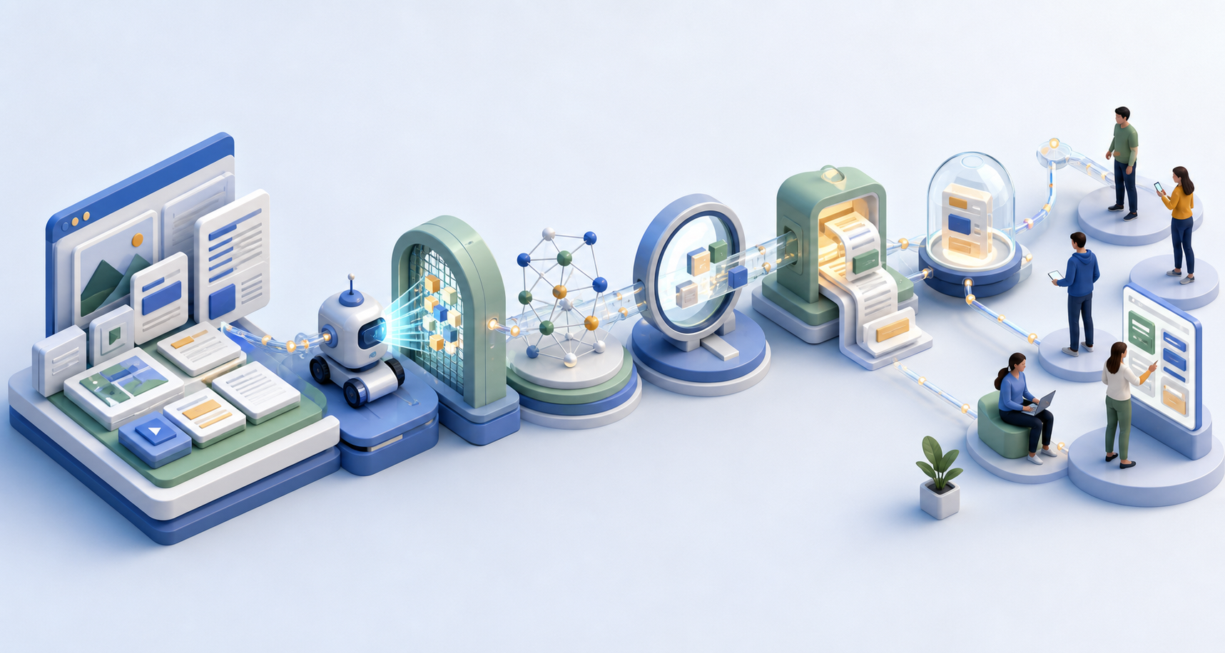 An isometric chain of website pages, processing gates, linked document fragments, answer modules, and people taking actions.