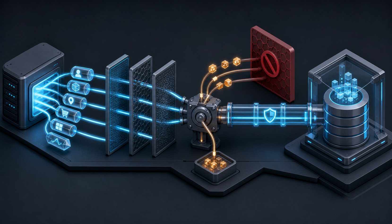 An isometric routing junction redirects conversion events from a blocked legacy channel into a secure data channel.