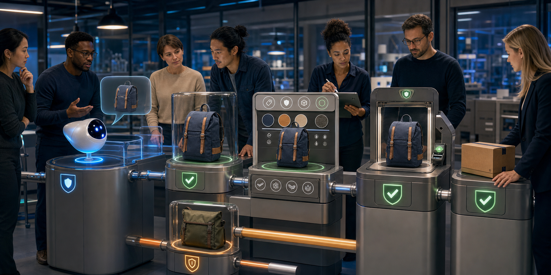 A merchant team checks each stage of an AI-guided purchase, from a shopper's question through product selection, variant validation, checkout, and delivery.