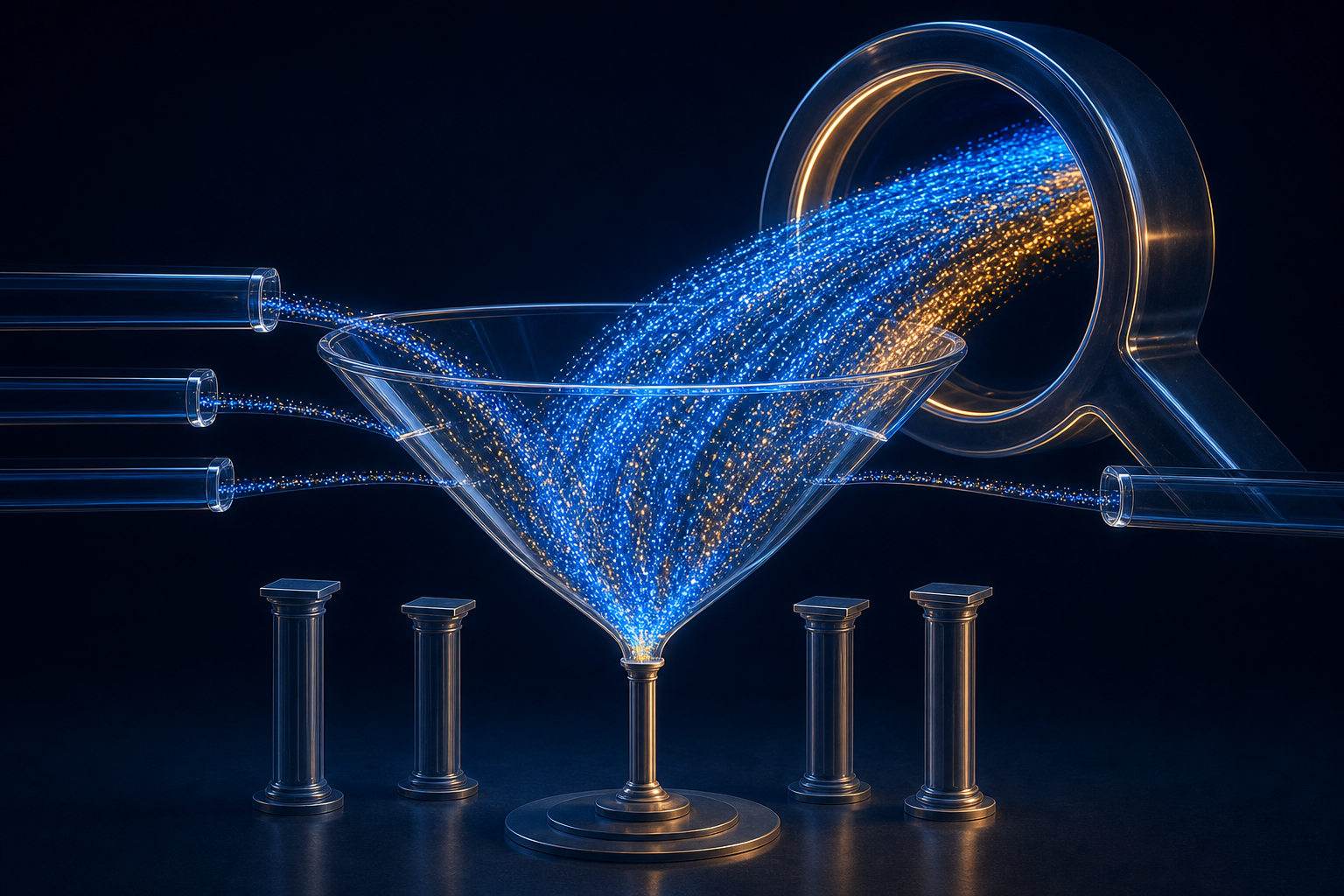 A transparent funnel appears to collect traffic from several routes, while one oversized gateway and one fragile support carry most of the flow and weight.