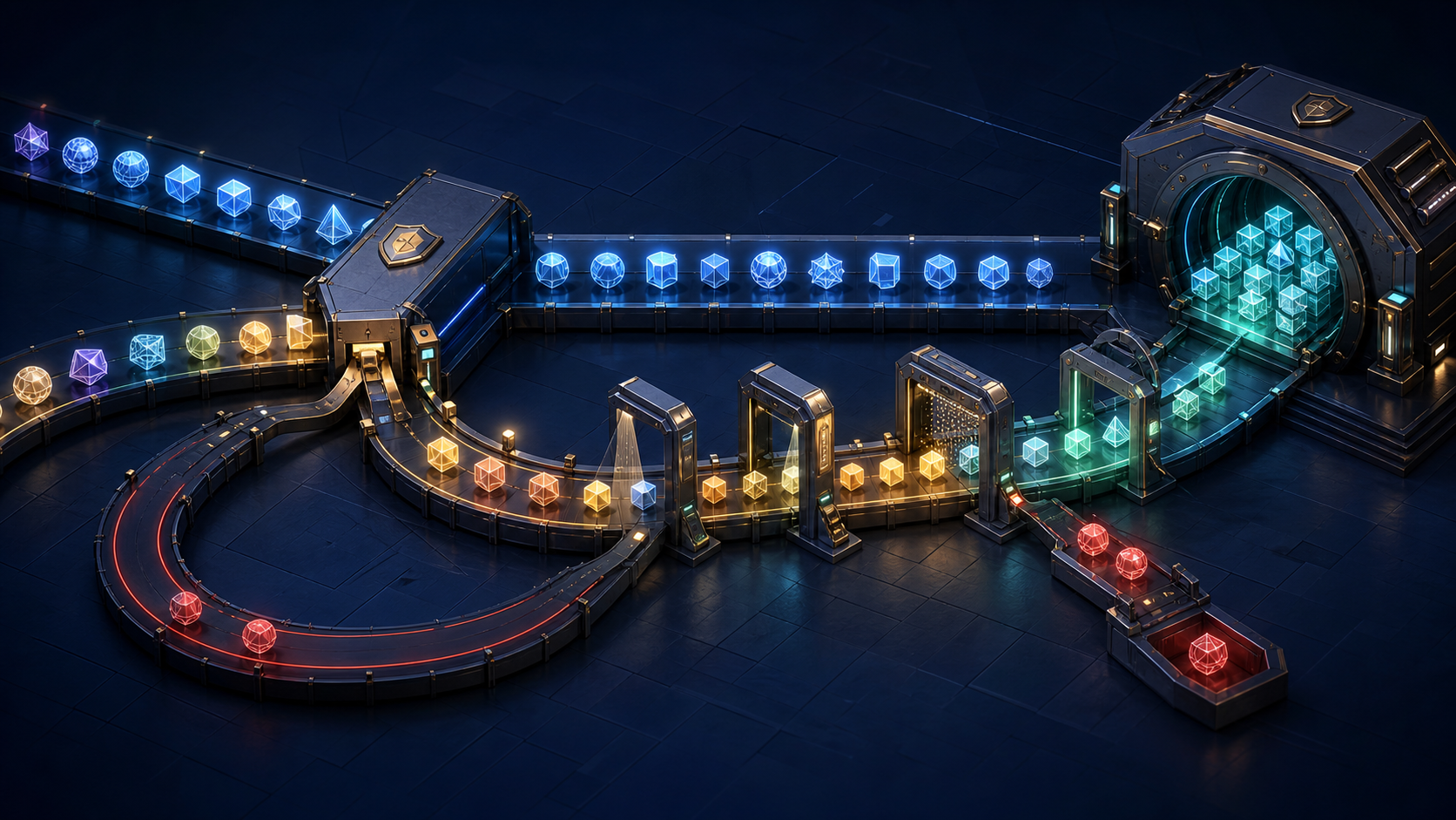 Unique conversion tokens pass through parallel migration lanes and a deduplication checkpoint before reaching one counting destination.