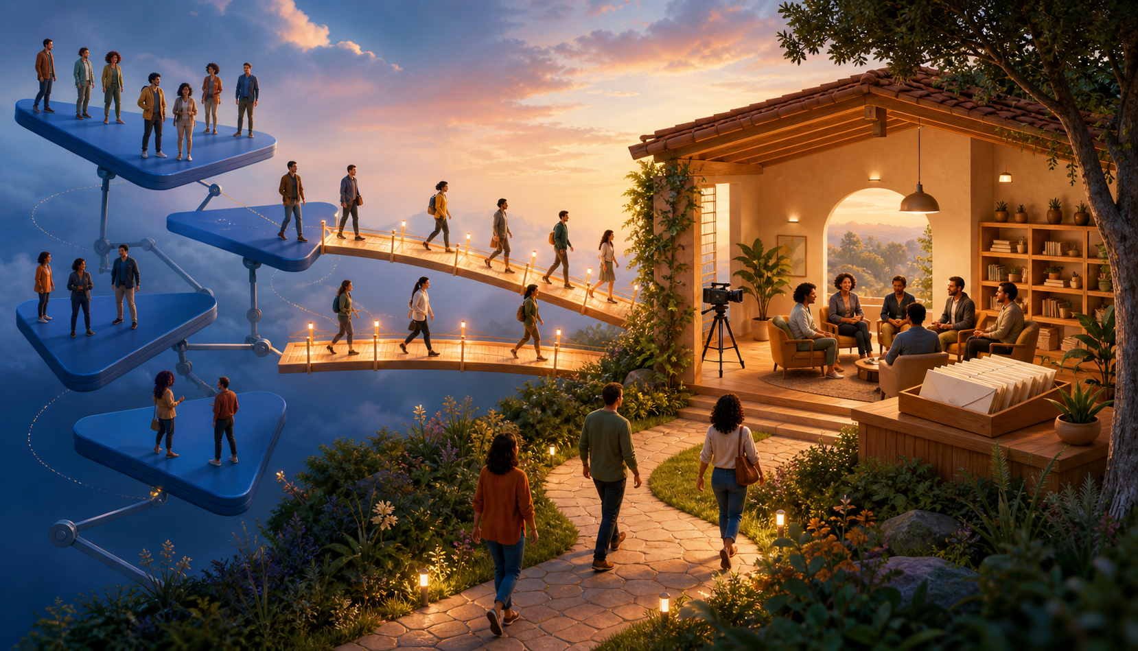 People move from temporary floating platforms into a stable clubhouse with email, community, video, and resource areas, while a path loops back for return visits.