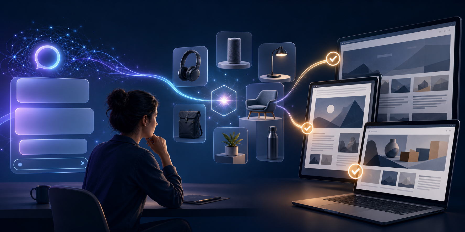 A person follows a glowing path from an abstract AI response through several brand options to verification sources on layered digital devices.