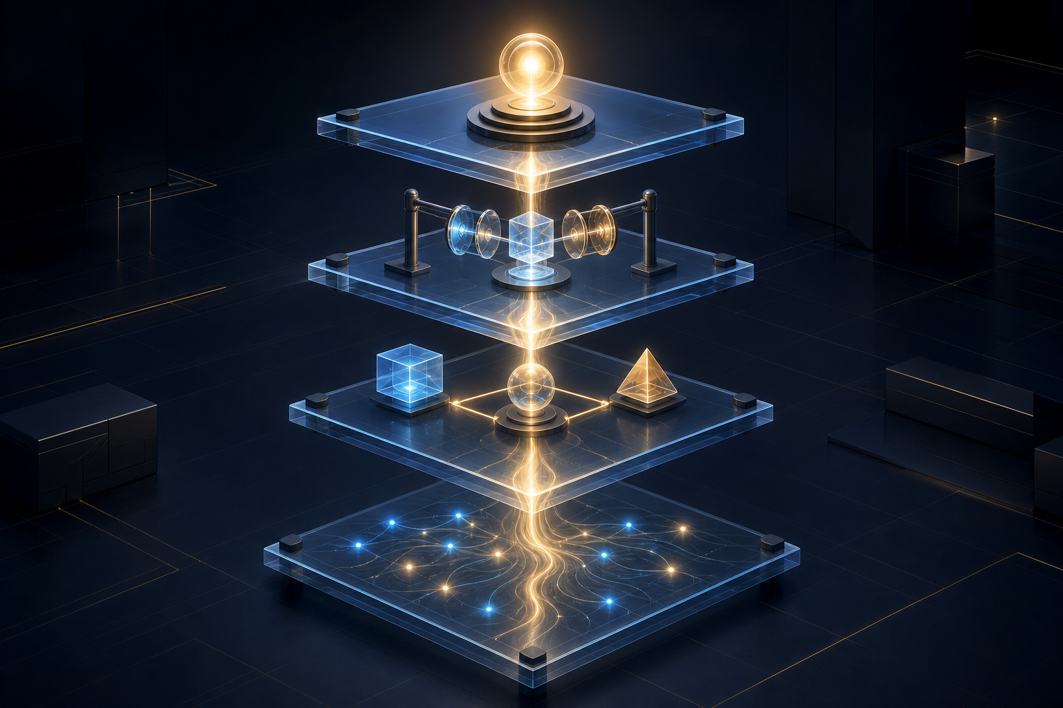 Four connected translucent platforms rise from behavioral signals to outcomes, a controlled test apparatus, and a verified decision beacon.