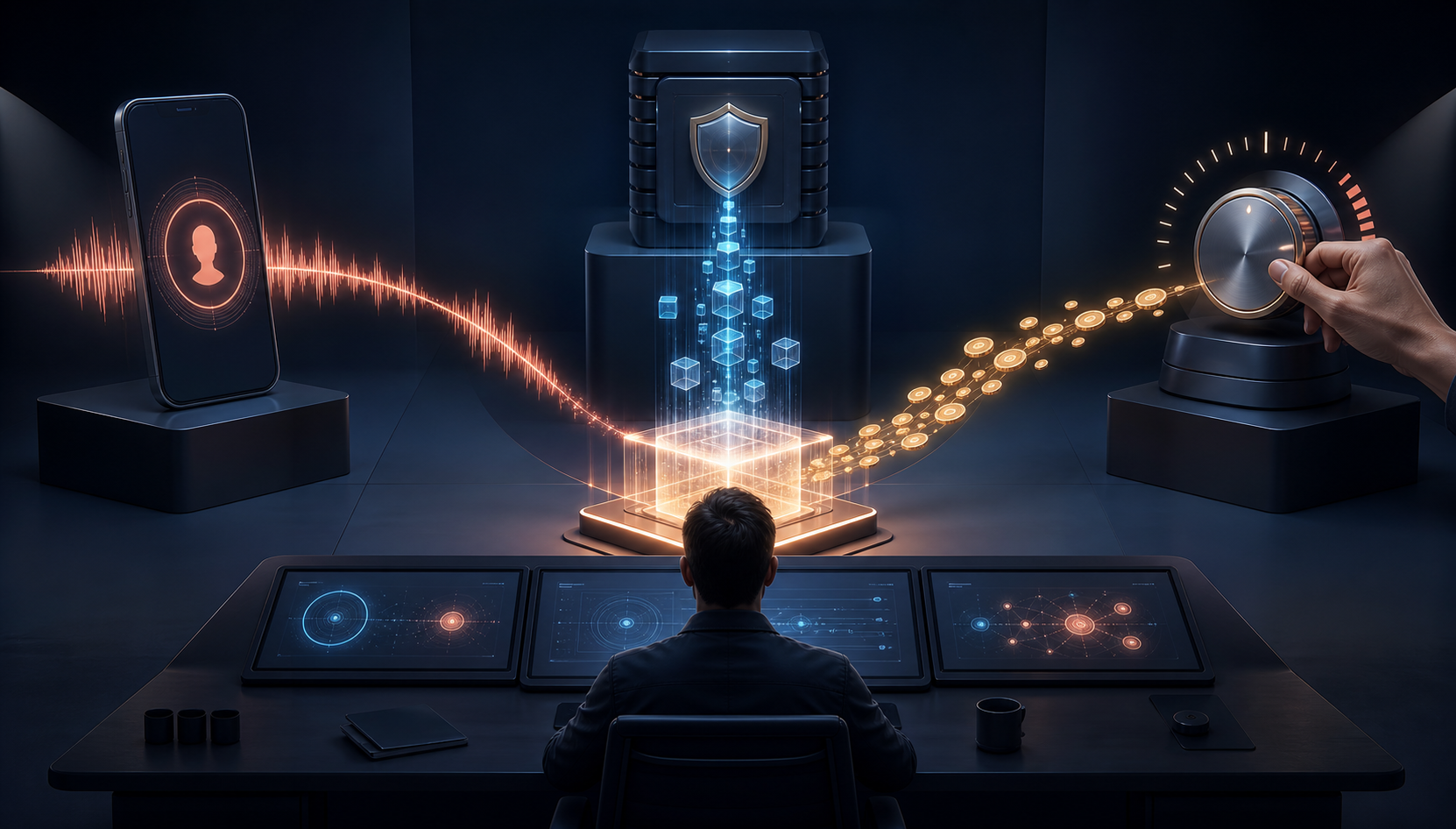 An analyst monitors connected phone call, data gateway and budget control pathways converging on an illuminated transaction hub.