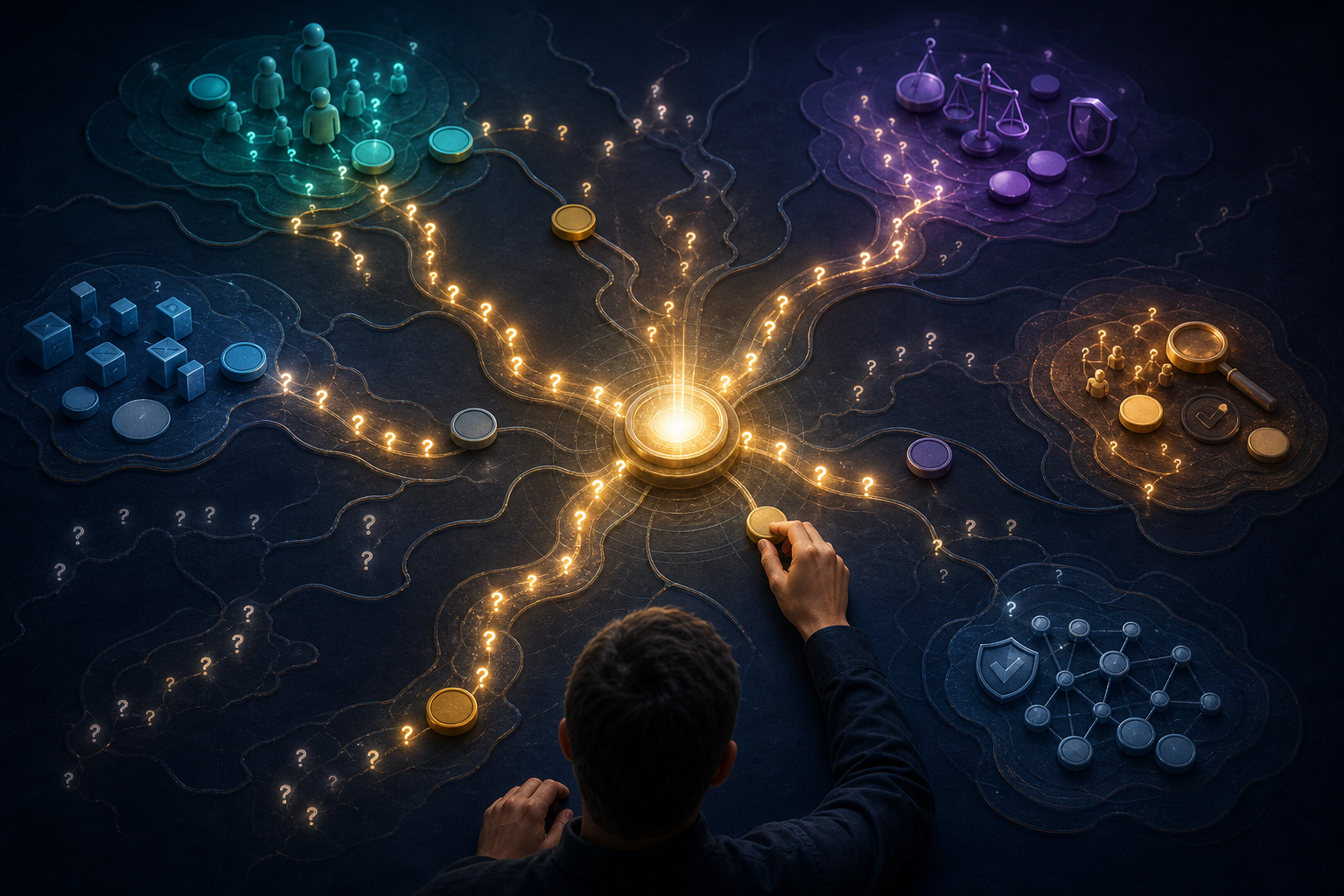 A strategist places colored tokens on glowing branching paths that connect groups of customer questions to an unbranded company marker.