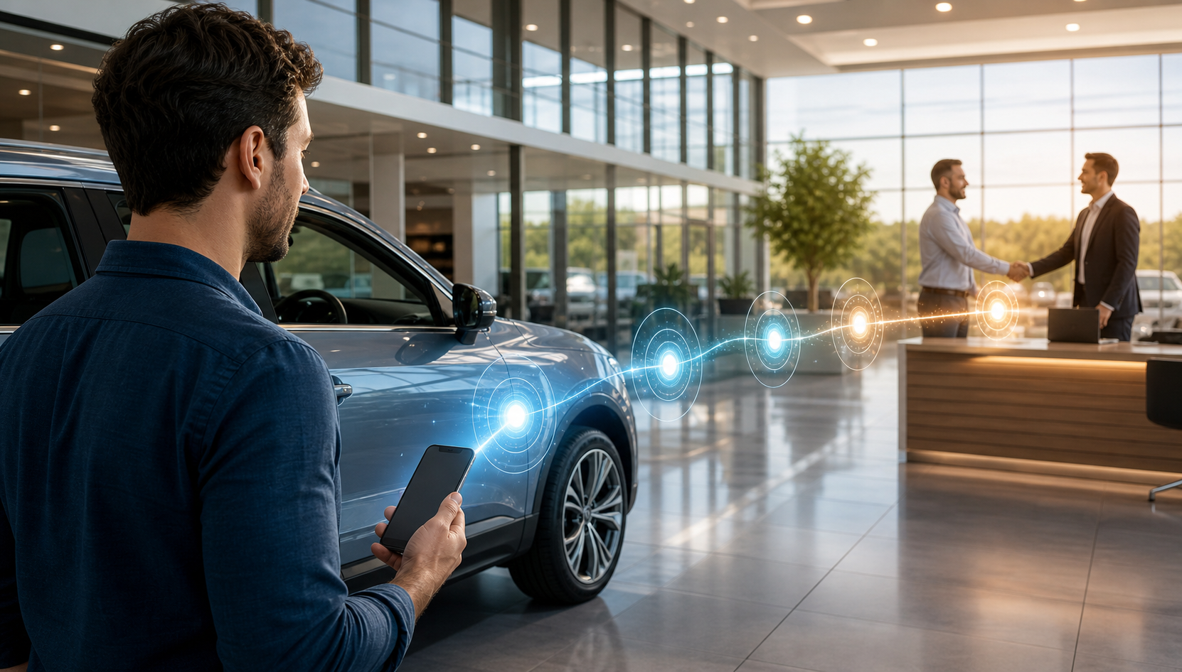 A shopper calls beside a vehicle as a glowing signal links the phone to attribution checkpoints and a sales handshake.
