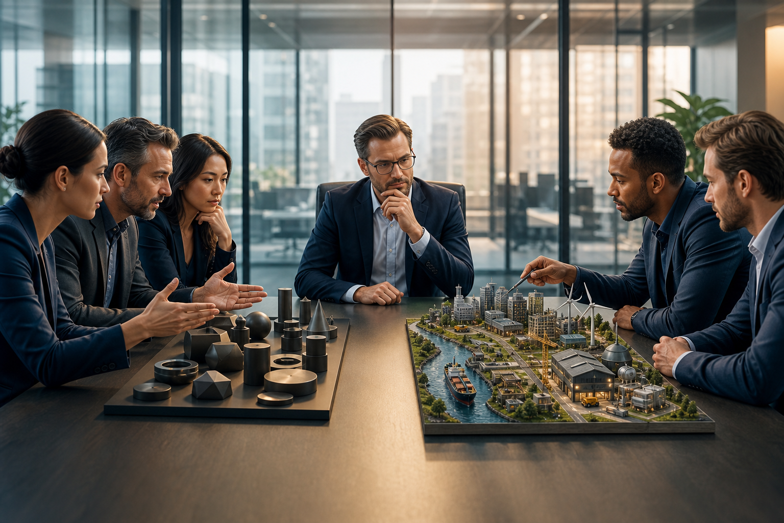 A marketing leader compares two agency teams during a presentation in a modern meeting room.