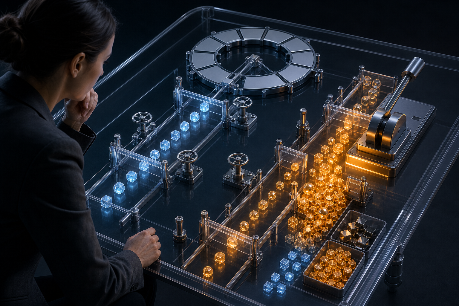 An operations specialist compares stable and surging token flows in a tabletop simulation before adjusting a budget control.