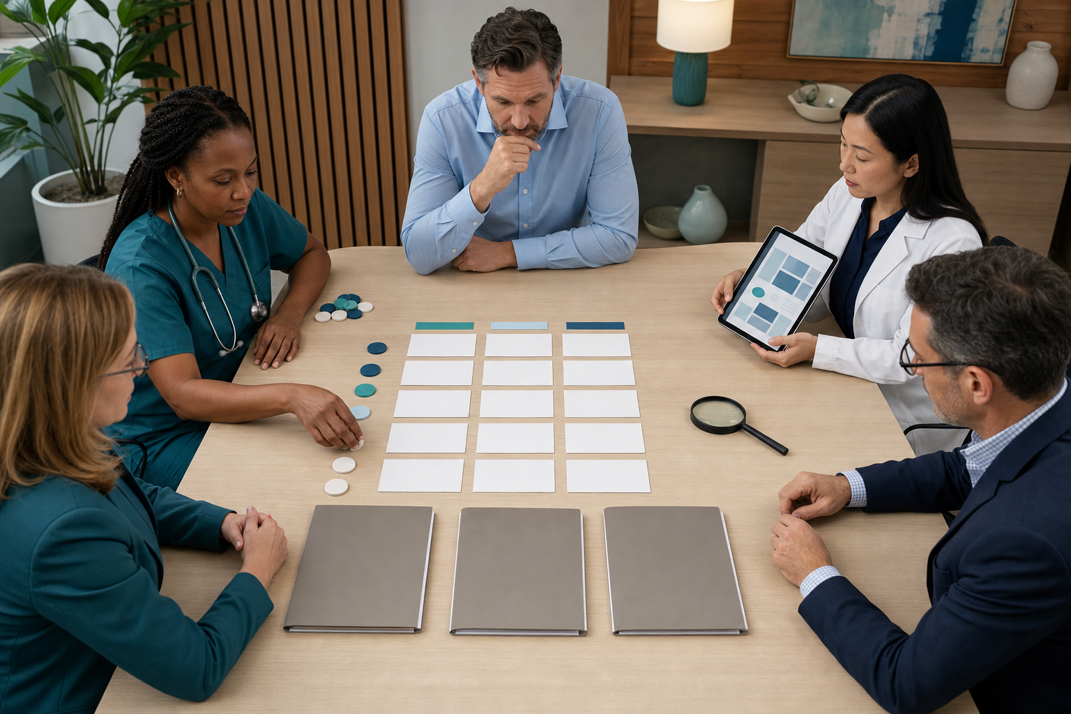 A healthcare selection committee sorts blank evaluation cards and reviews supporting material on a tablet.