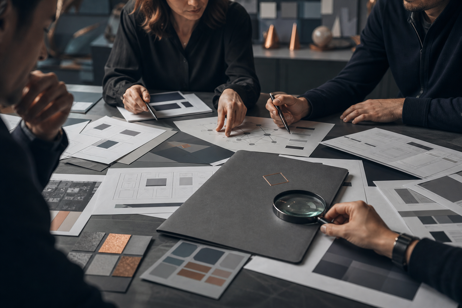 A selection team examines project artifacts and technical materials while an unfocused display of agency credentials remains in the background.
