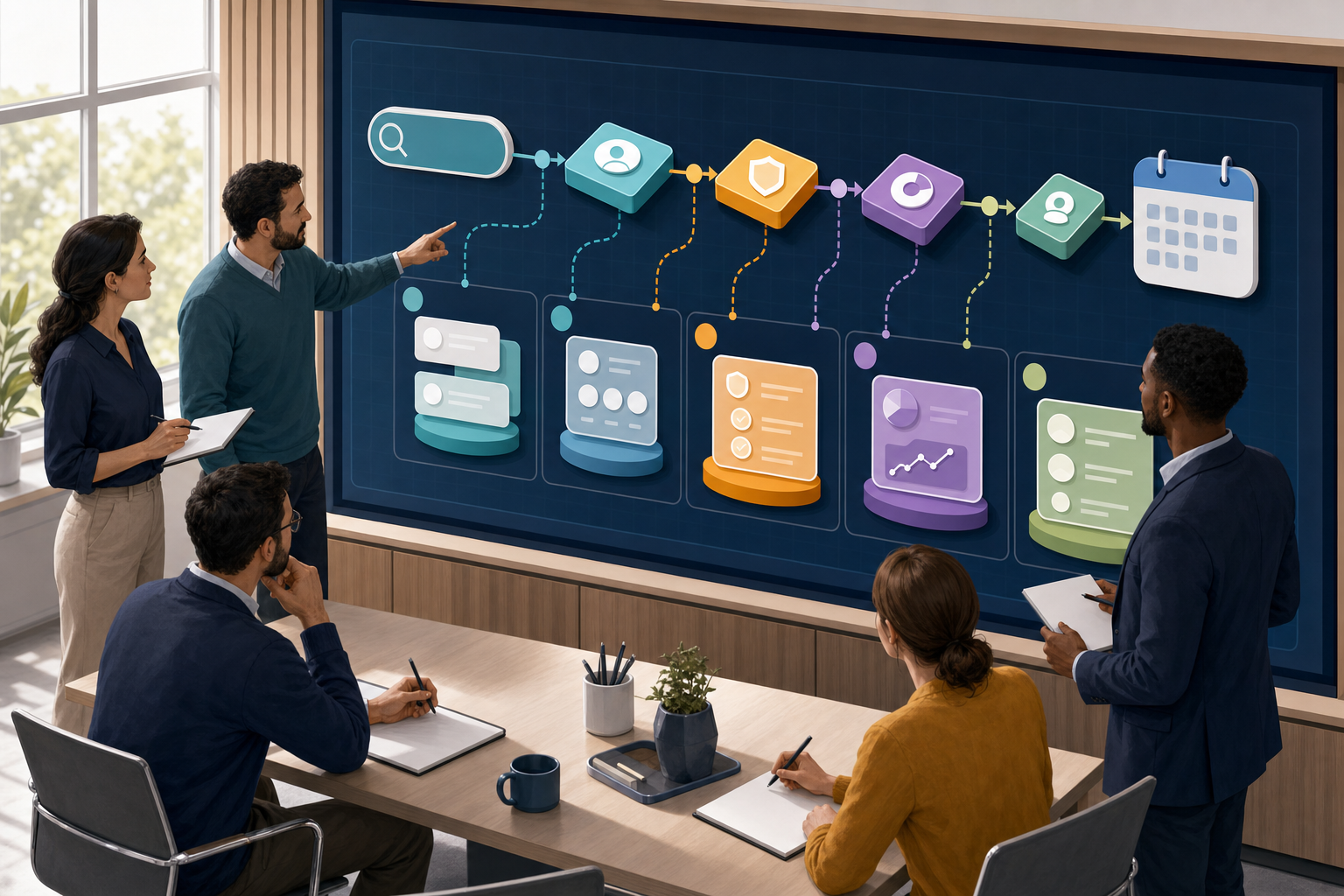 Agency strategists and healthcare stakeholders examine an abstract workflow that connects search, review, and appointment stages.