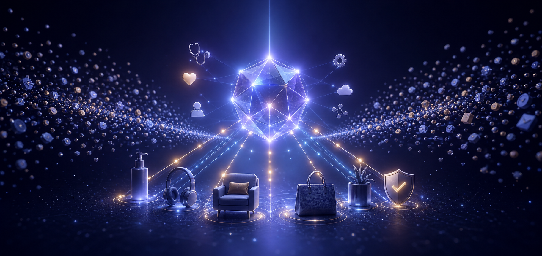 A glowing abstract AI core brings several generic products into focus from a field of incoming evidence signals.
