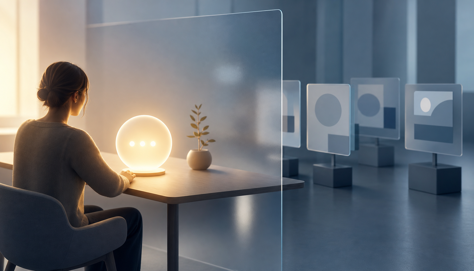 A person interacts with a glowing conversational orb while several unlit advertising tiles remain behind a translucent partition in the background.