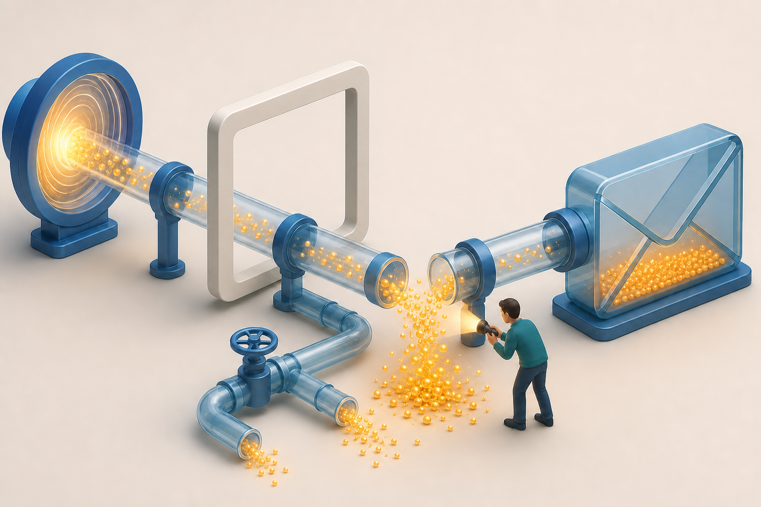Isometric illustration of a person inspecting a transparent pipeline where glowing particles leak between a search portal, a website, and an envelope-shaped chamber.