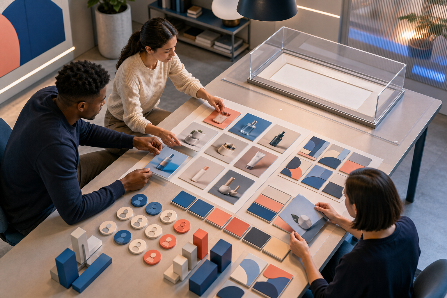A marketing team organizes unbranded creative cards, audience tokens, and measurement blocks beside an empty media-placement frame under a transparent cover.