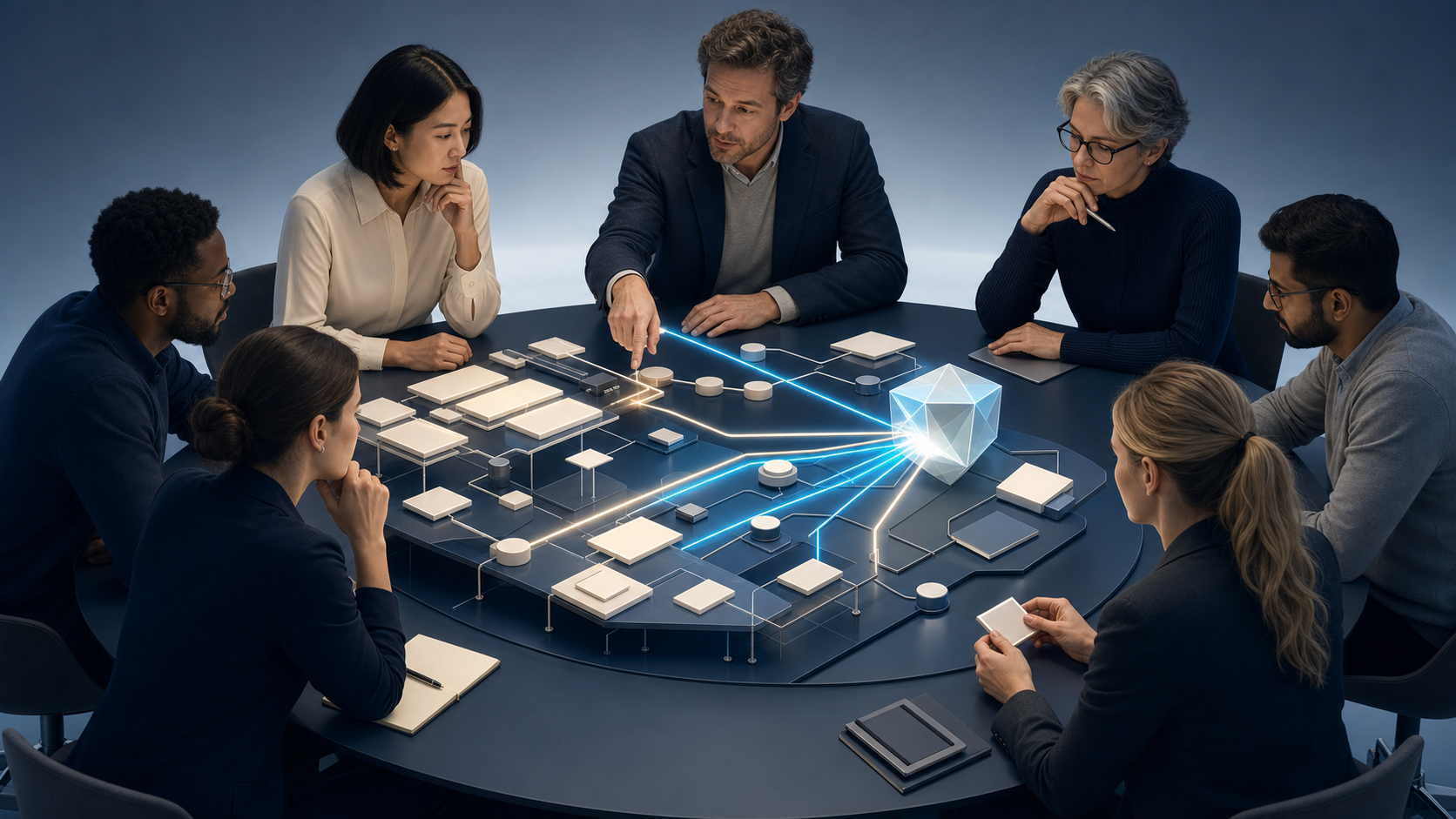 A multidisciplinary hiring team and a consultant examine a glowing model of interconnected web sources and AI answer pathways around a circular table.