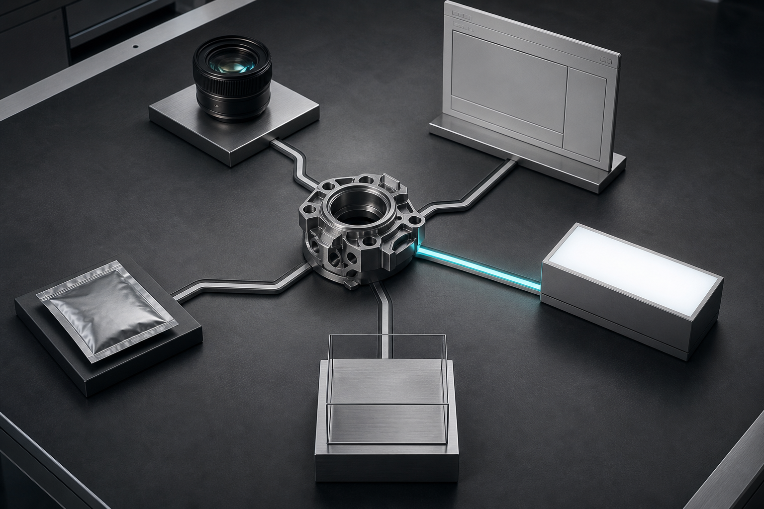 A precision component is linked by several physical paths to objects representing different marketing channels, with one route subtly illuminated.