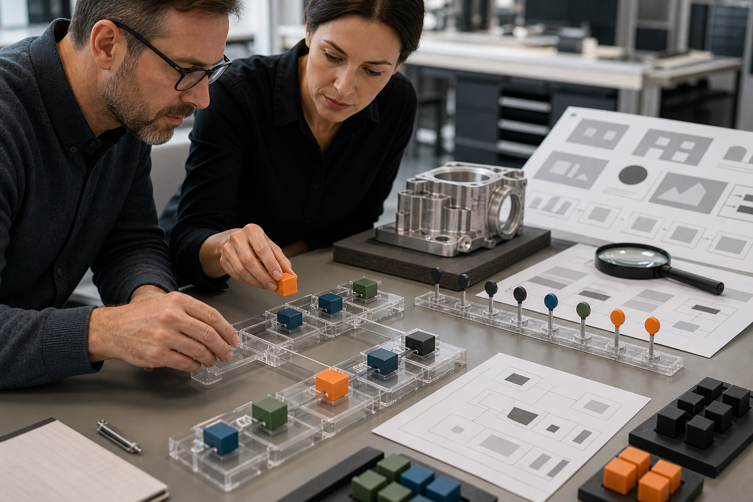 Two professionals assemble color-coded project blocks beside a machined prototype, evidence samples, and a row of milestone markers.