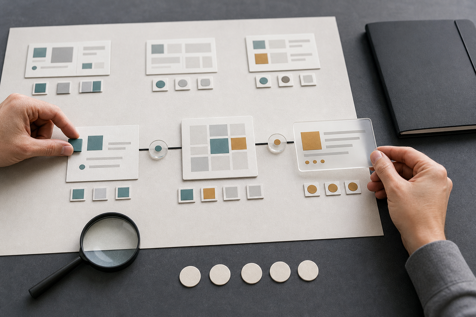 Hands compare unlabeled work samples, source tokens, and connected evidence objects on a structured evaluation table.