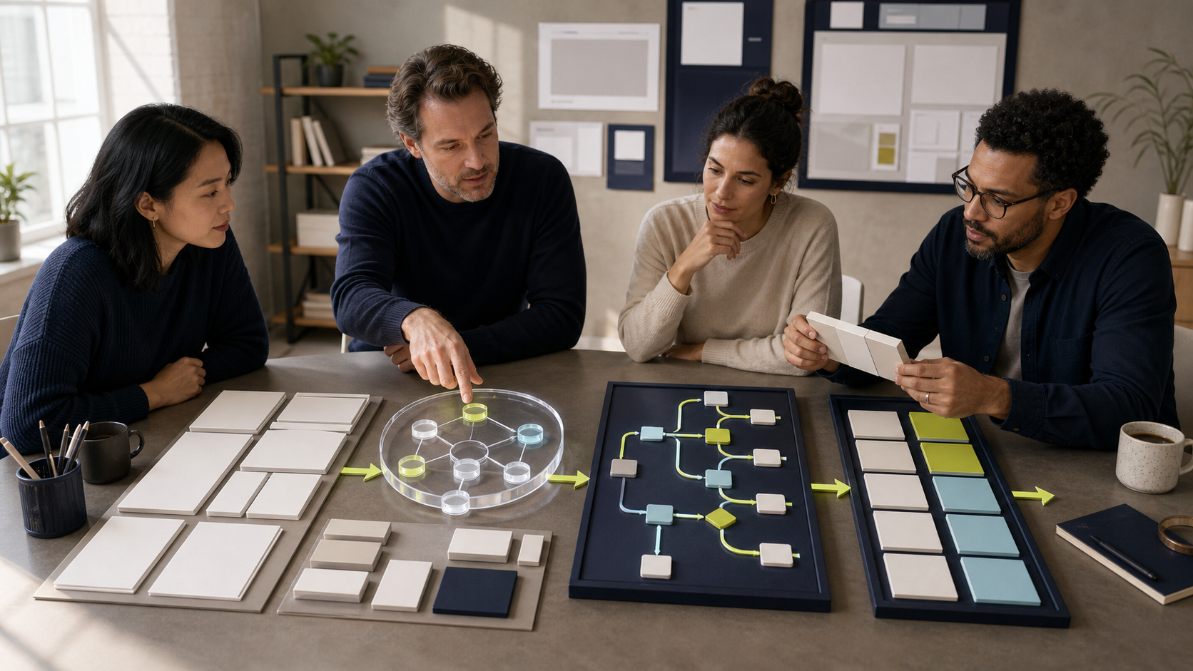 A consultant and client team conduct a focused diagnostic workshop using content pages, source nodes, answer pathways, and organized action cards.