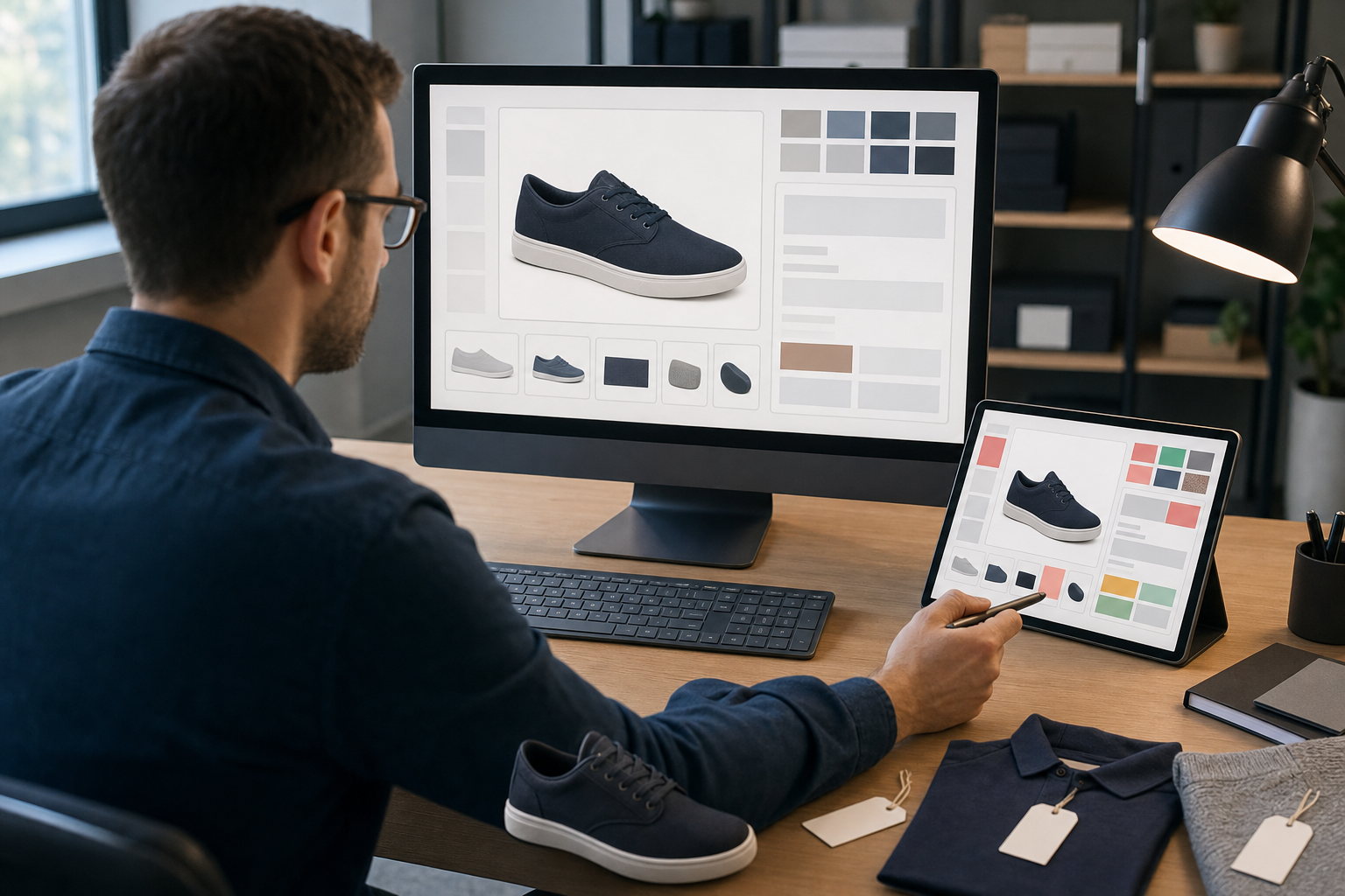 Retail data auditor comparing visual attribute fields for the same product on a desktop monitor and a tablet.