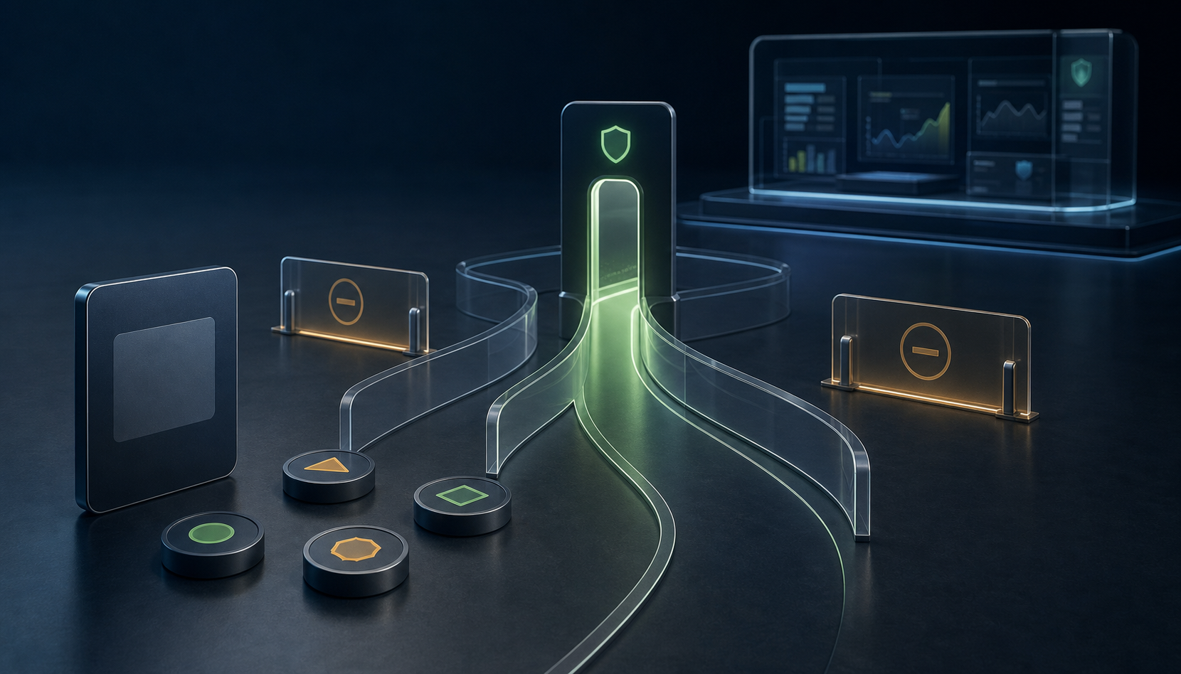 An unbranded digital ad tile and market tokens pass through a narrow compliance gateway toward a secure trading interface, while other routes are closed.