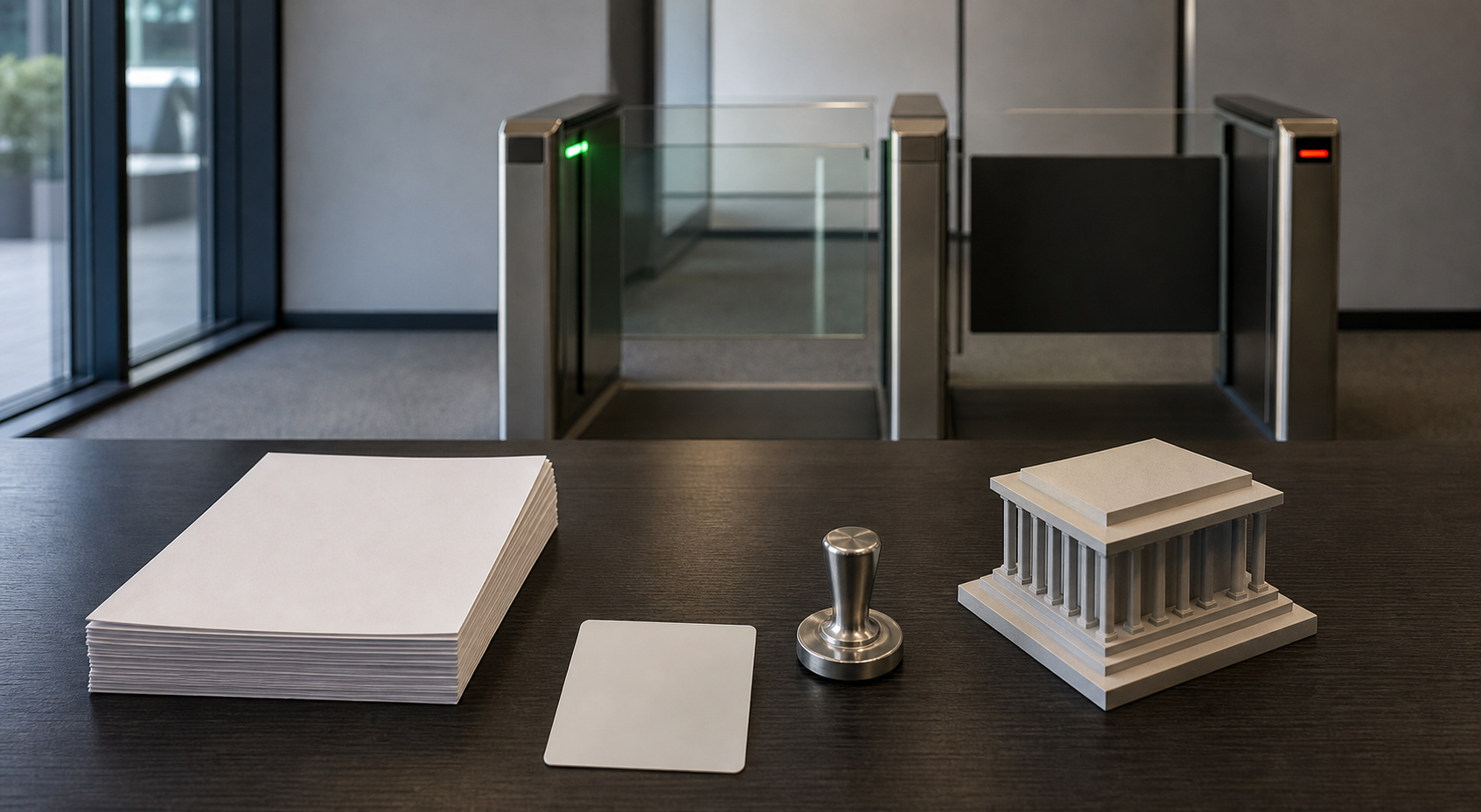 Unmarked business documents, an identification credential, a seal, and an institutional building model sit before an approval checkpoint with one open lane.