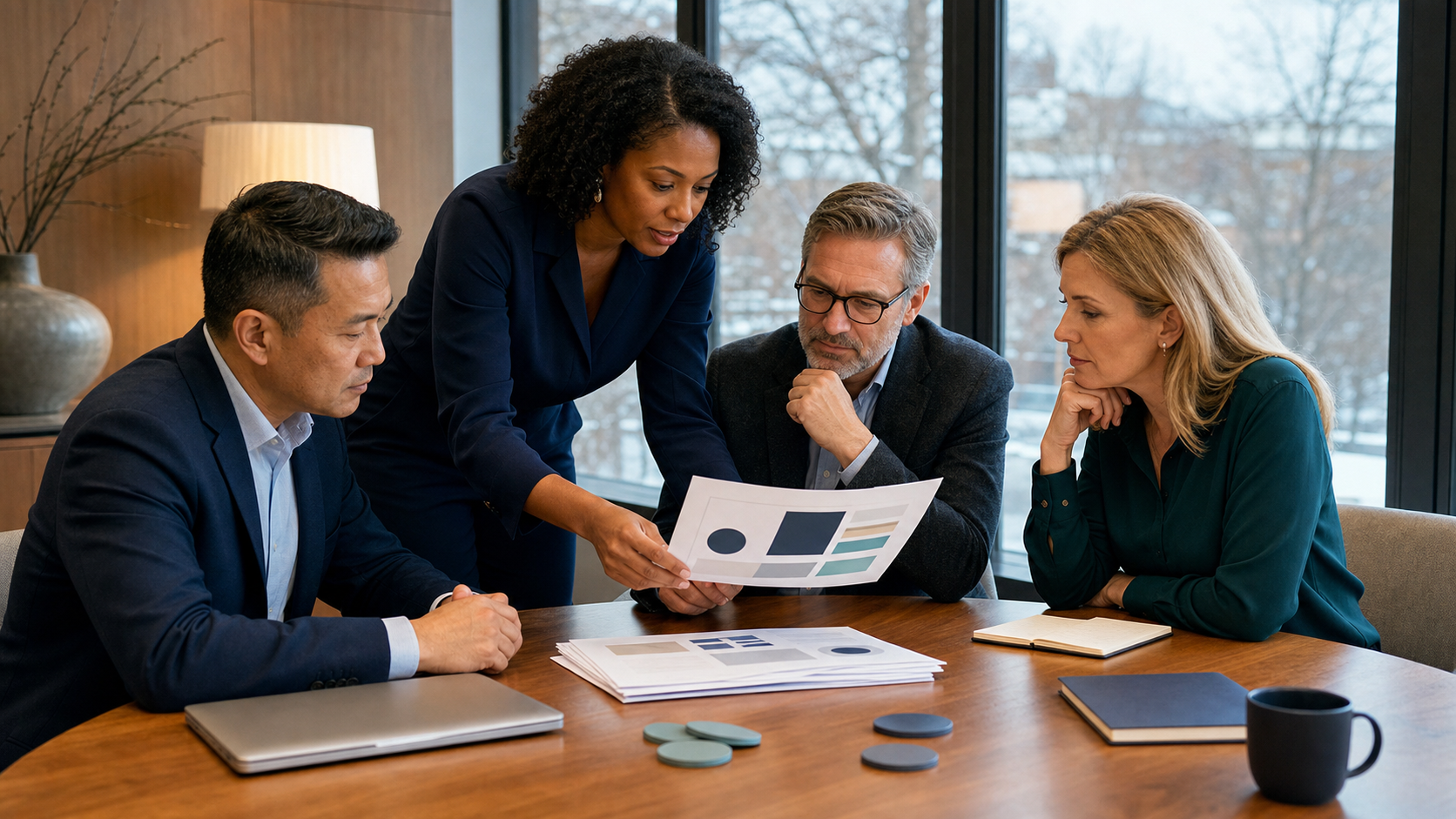 Marketing leaders review a concise year-end paid media report together at a boardroom table.