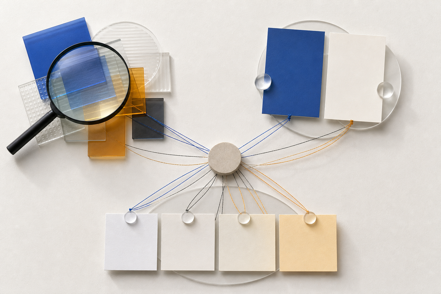 An overhead arrangement of a magnifying lens, paired test cards, seasonal blocks, and connecting threads around a central marker.