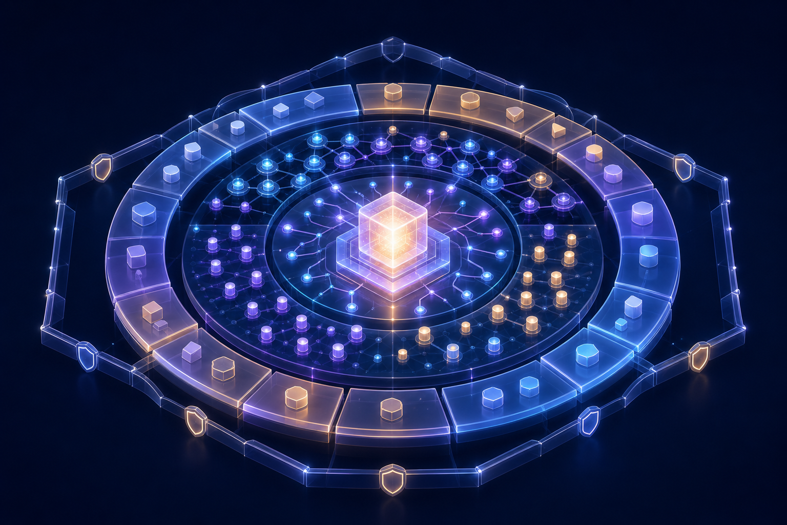 Five interconnected visual layers surround a luminous central AI answer engine, including comparison markers, branching pathways, community nodes, and a secure boundary.