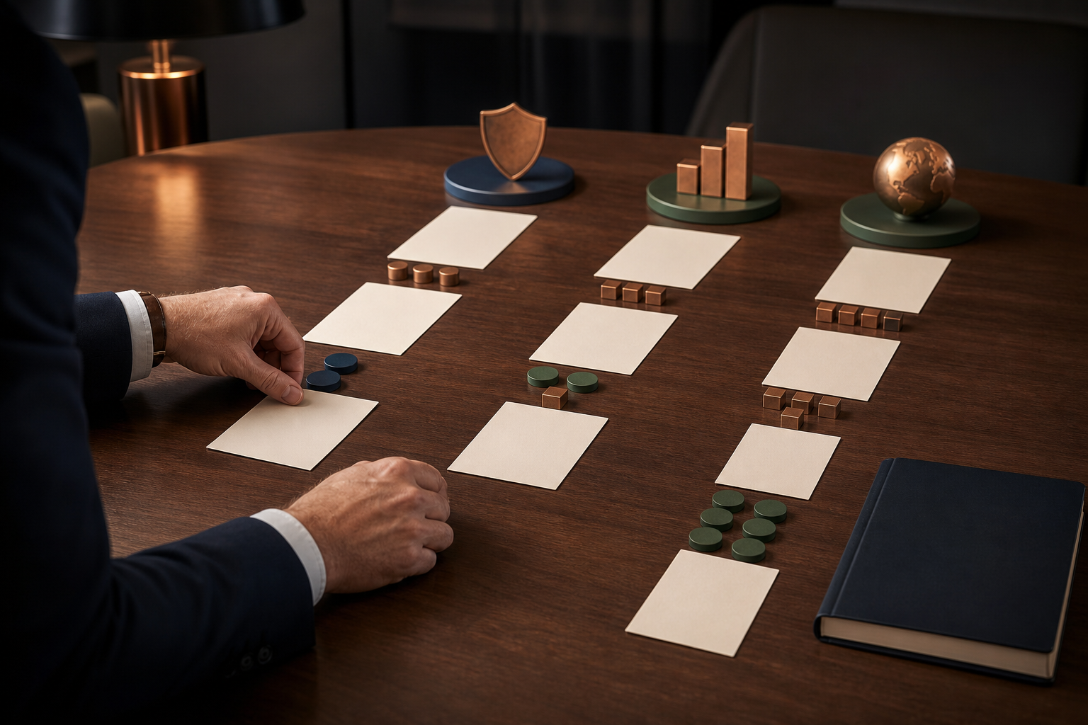 Hands arrange three planning pathways made from blank cards, budget tokens, and milestone blocks on a boardroom table.