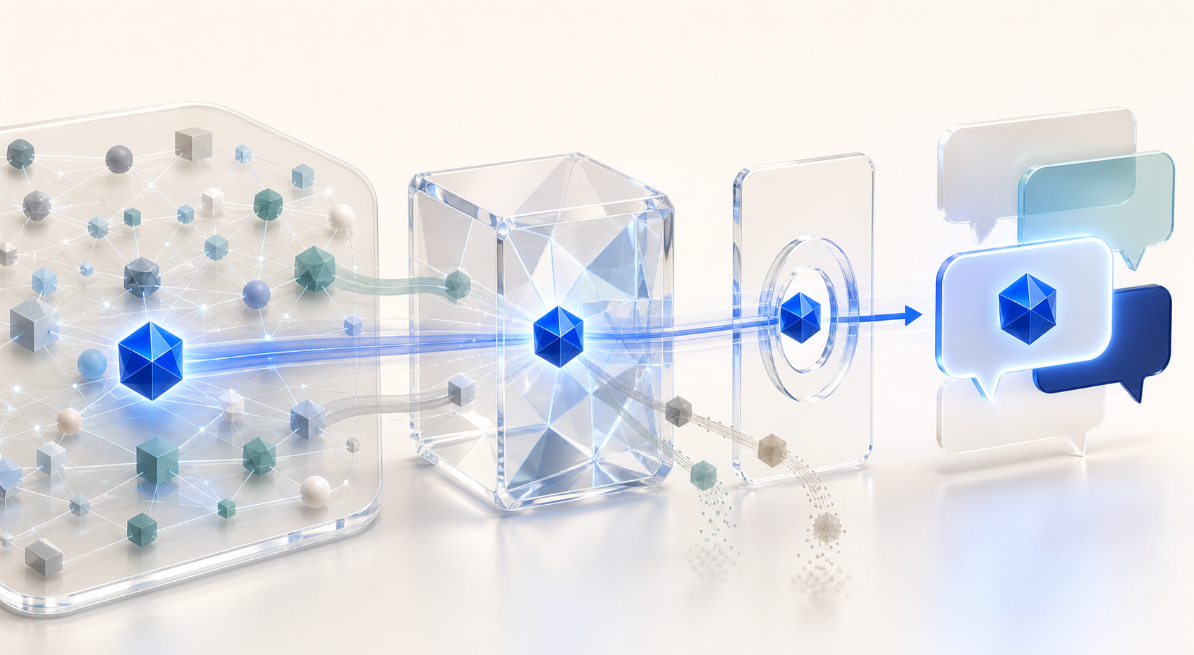 A blue content signal passes through discovery, interpretation, selection, and answer stages while other signals fade away.