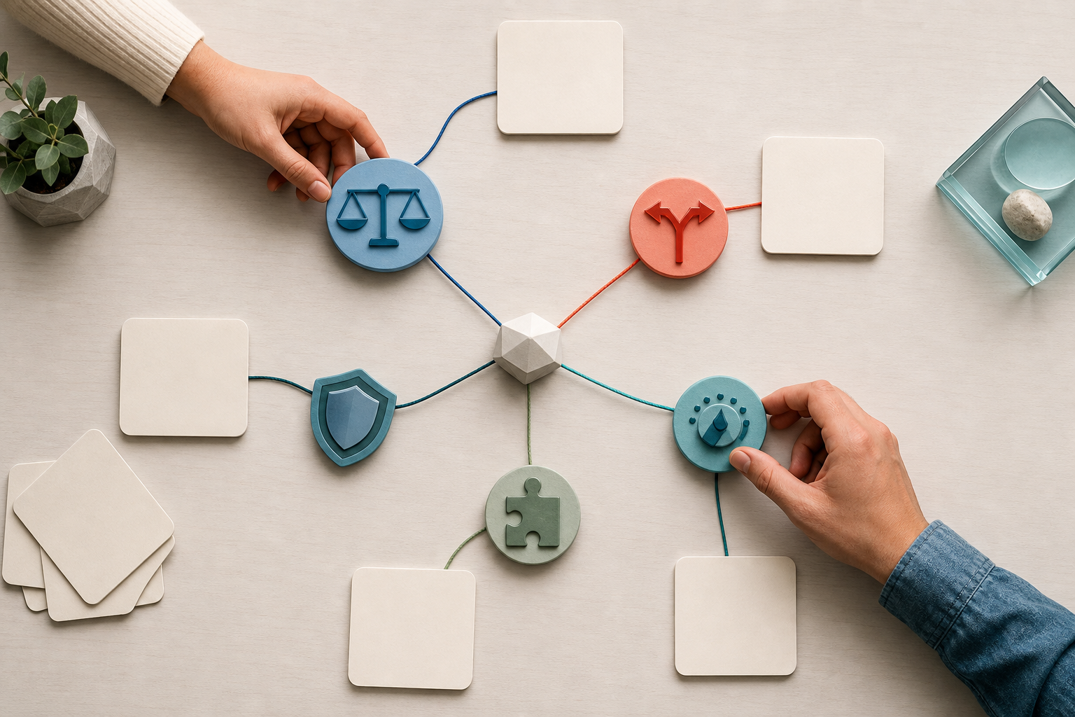 Hands connect decision symbols to individual content-page tiles on a clean strategy workspace.