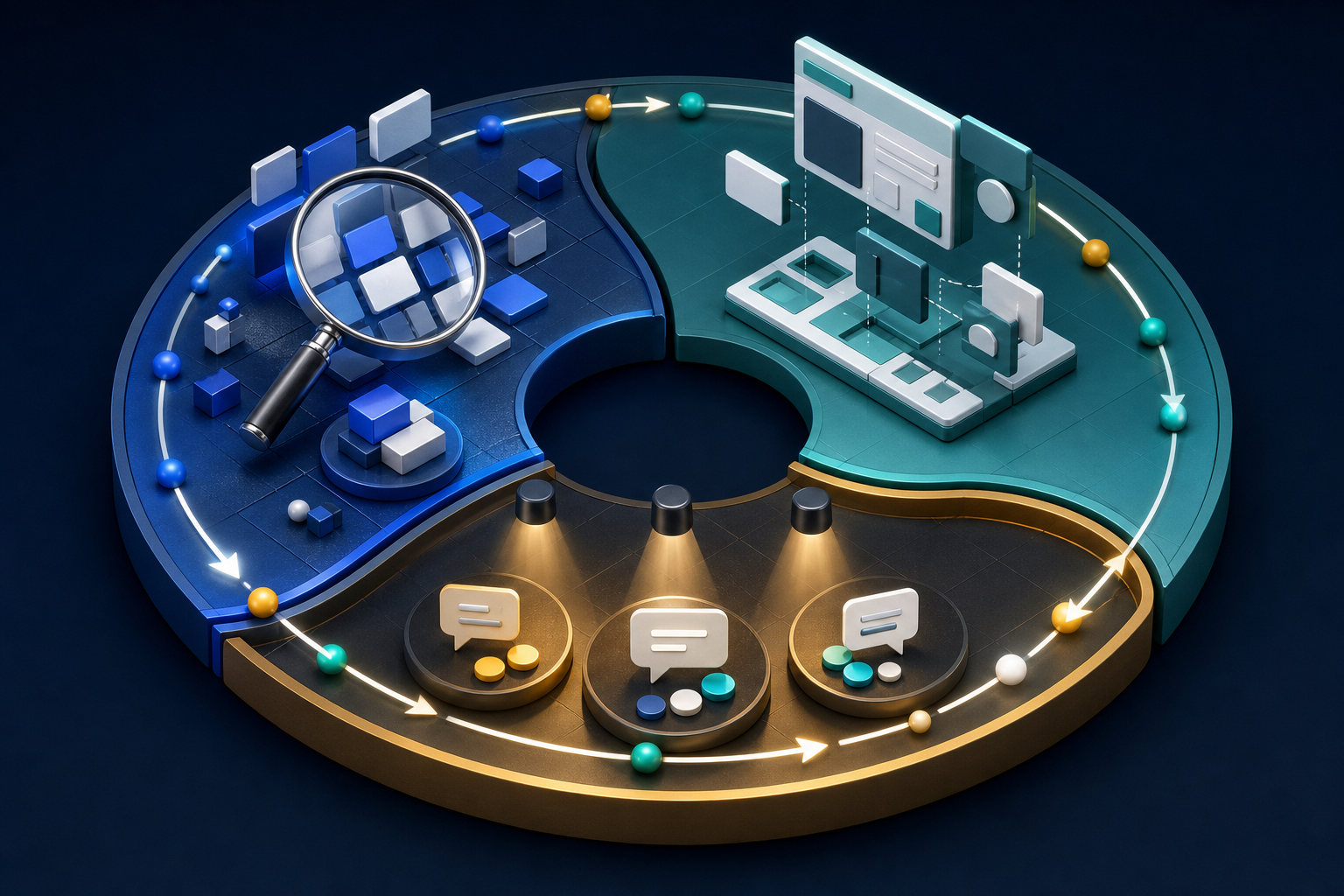 A circular workspace links content diagnosis, modular page building, and evaluation of abstract answer bubbles in a repeating cycle.